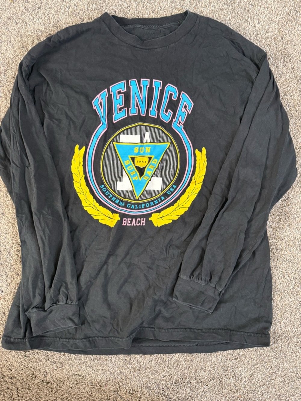 PacSun Venice Beach Graphic Long Sleeve Shirt - Black with Yellow & Teal Print